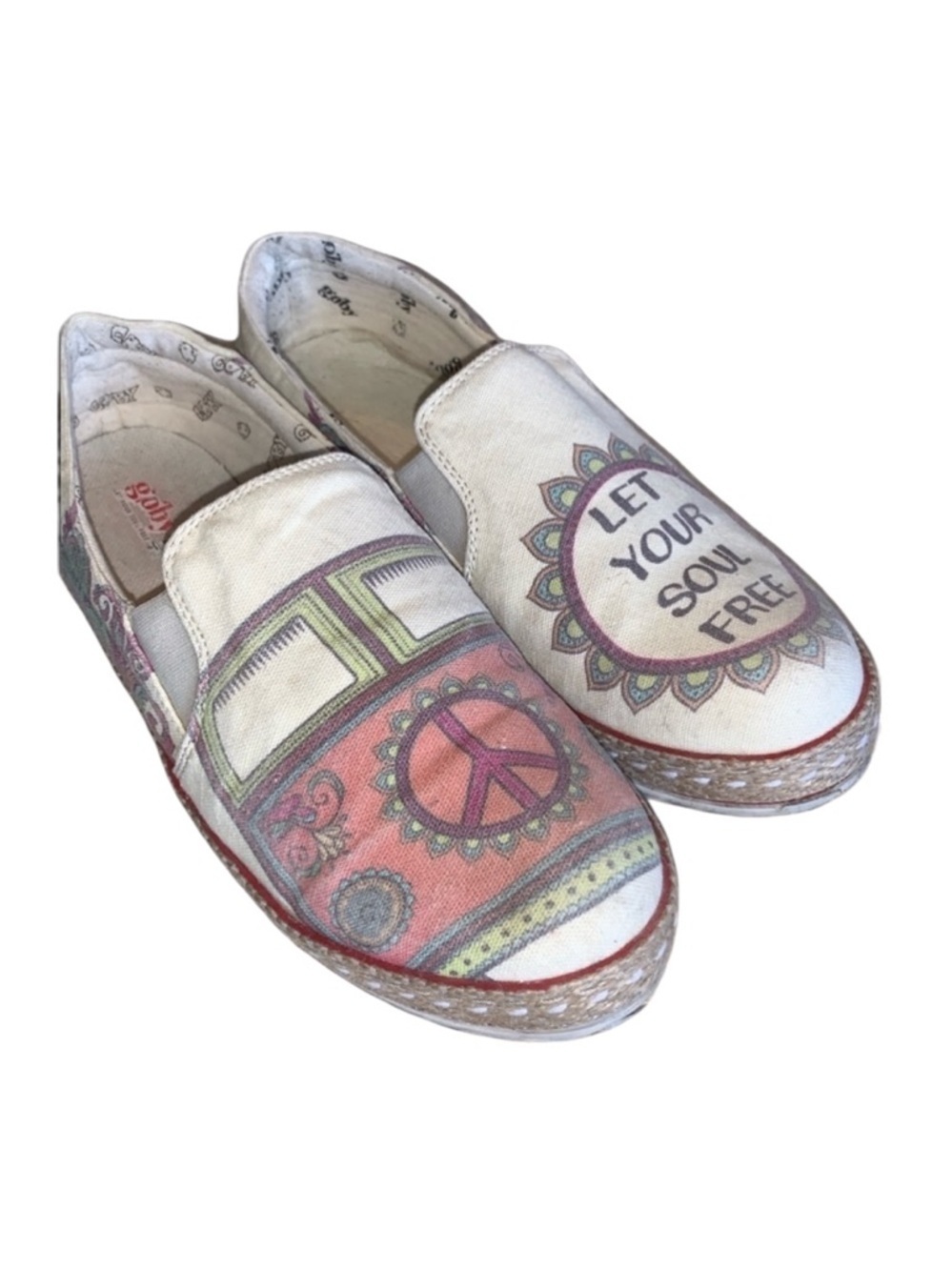 GOBY espadrille canvas loafers, 42 hippie peace-out theme, cream/pink/green GUC